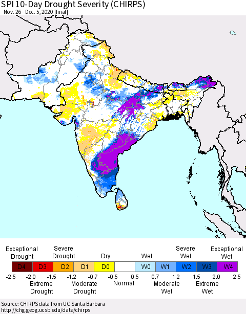 Southern Asia SPI 10-Day Drought Severity (CHIRPS) Thematic Map For 11/26/2020 - 12/5/2020