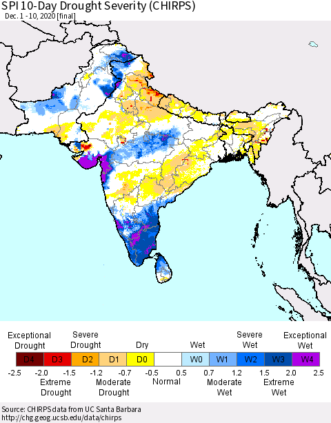 Southern Asia SPI 10-Day Drought Severity (CHIRPS) Thematic Map For 12/1/2020 - 12/10/2020
