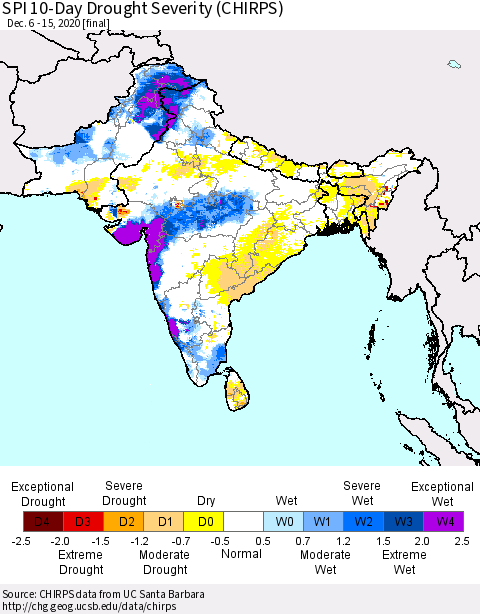 Southern Asia SPI 10-Day Drought Severity (CHIRPS) Thematic Map For 12/6/2020 - 12/15/2020