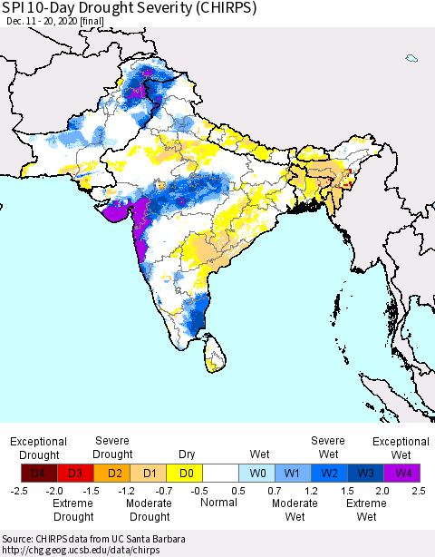 Southern Asia SPI 10-Day Drought Severity (CHIRPS) Thematic Map For 12/11/2020 - 12/20/2020
