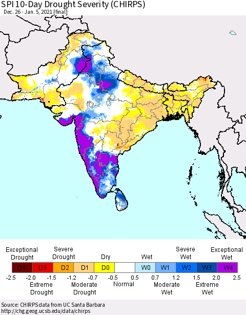 Southern Asia SPI 10-Day Drought Severity (CHIRPS) Thematic Map For 12/26/2020 - 1/5/2021