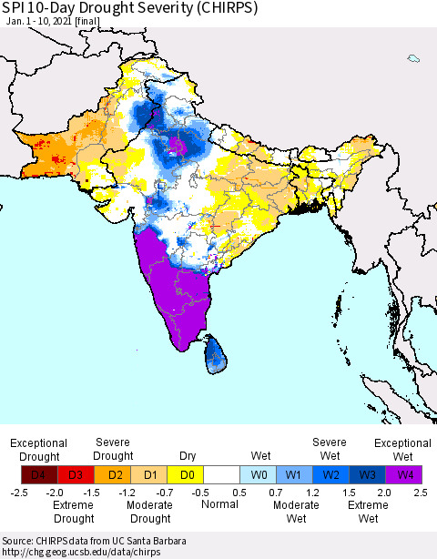 Southern Asia SPI 10-Day Drought Severity (CHIRPS) Thematic Map For 1/1/2021 - 1/10/2021