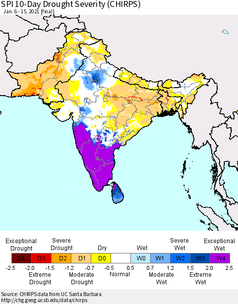 Southern Asia SPI 10-Day Drought Severity (CHIRPS) Thematic Map For 1/6/2021 - 1/15/2021