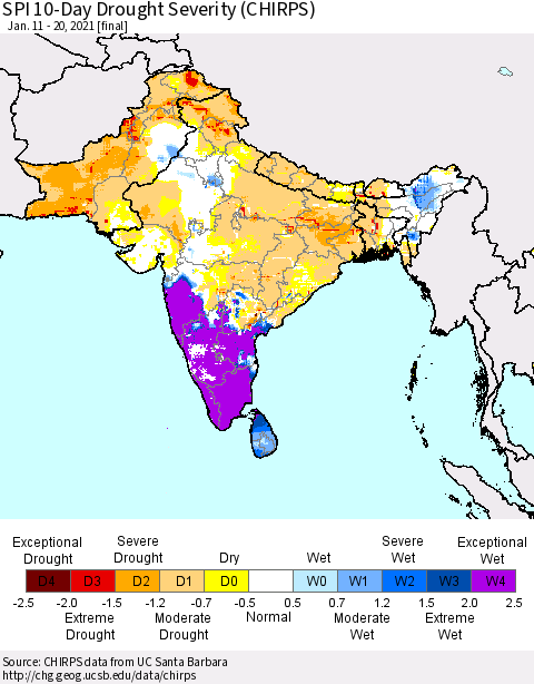 Southern Asia SPI 10-Day Drought Severity (CHIRPS) Thematic Map For 1/11/2021 - 1/20/2021