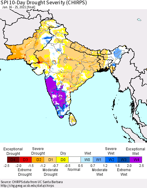 Southern Asia SPI 10-Day Drought Severity (CHIRPS) Thematic Map For 1/16/2021 - 1/25/2021