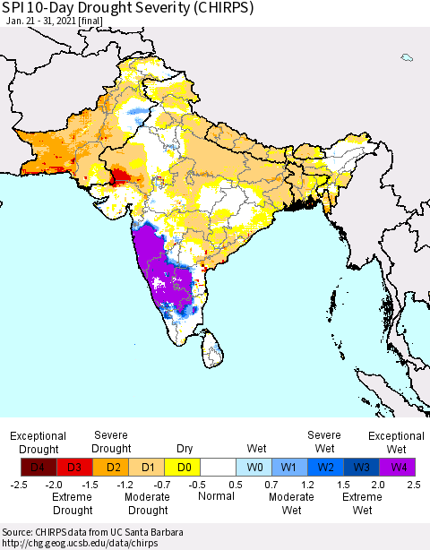 Southern Asia SPI 10-Day Drought Severity (CHIRPS) Thematic Map For 1/21/2021 - 1/31/2021
