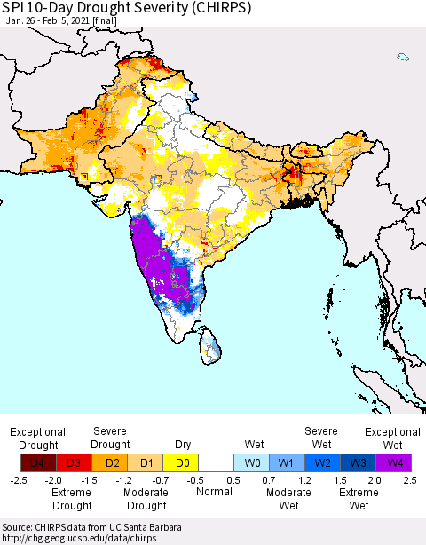 Southern Asia SPI 10-Day Drought Severity (CHIRPS) Thematic Map For 1/26/2021 - 2/5/2021
