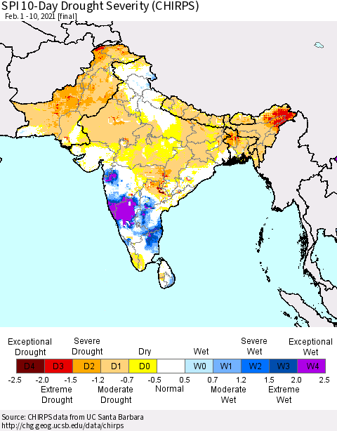 Southern Asia SPI 10-Day Drought Severity (CHIRPS) Thematic Map For 2/1/2021 - 2/10/2021