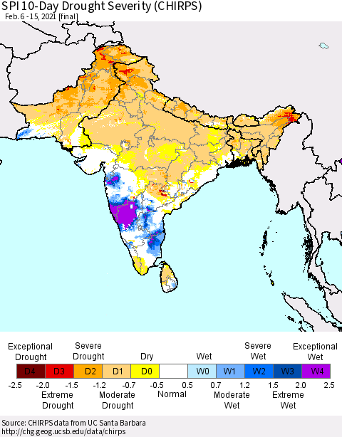 Southern Asia SPI 10-Day Drought Severity (CHIRPS) Thematic Map For 2/6/2021 - 2/15/2021
