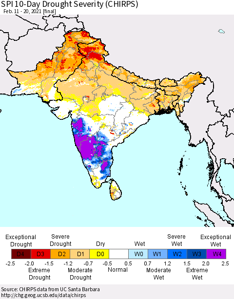 Southern Asia SPI 10-Day Drought Severity (CHIRPS) Thematic Map For 2/11/2021 - 2/20/2021
