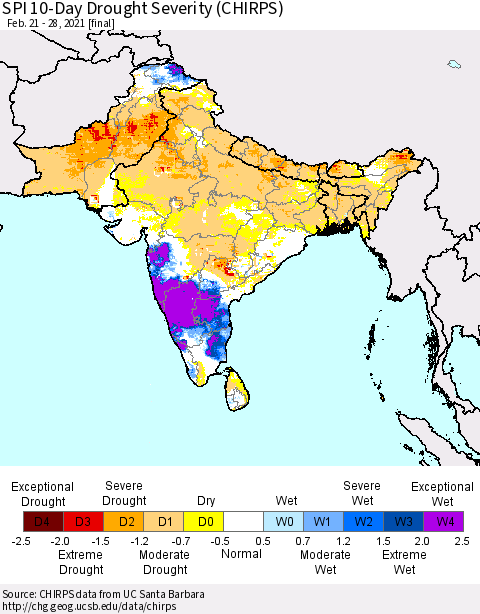 Southern Asia SPI 10-Day Drought Severity (CHIRPS) Thematic Map For 2/21/2021 - 2/28/2021