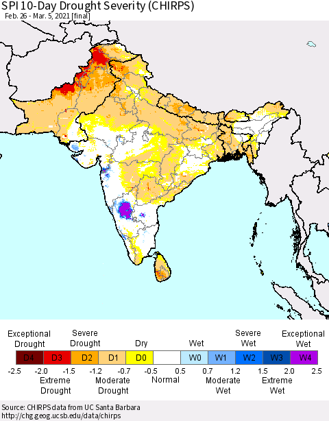 Southern Asia SPI 10-Day Drought Severity (CHIRPS) Thematic Map For 2/26/2021 - 3/5/2021