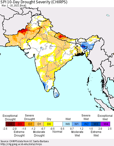 Southern Asia SPI 10-Day Drought Severity (CHIRPS) Thematic Map For 3/1/2021 - 3/10/2021