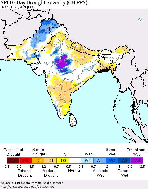 Southern Asia SPI 10-Day Drought Severity (CHIRPS) Thematic Map For 3/11/2021 - 3/20/2021