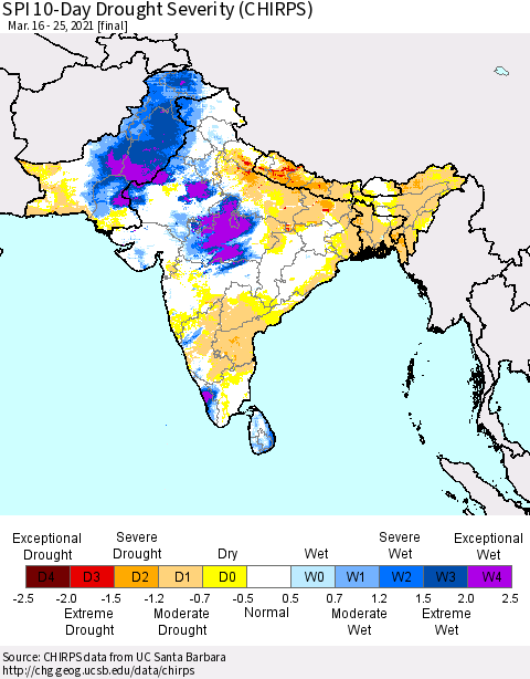 Southern Asia SPI 10-Day Drought Severity (CHIRPS) Thematic Map For 3/16/2021 - 3/25/2021