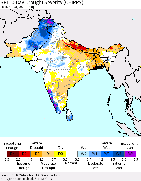 Southern Asia SPI 10-Day Drought Severity (CHIRPS) Thematic Map For 3/21/2021 - 3/31/2021