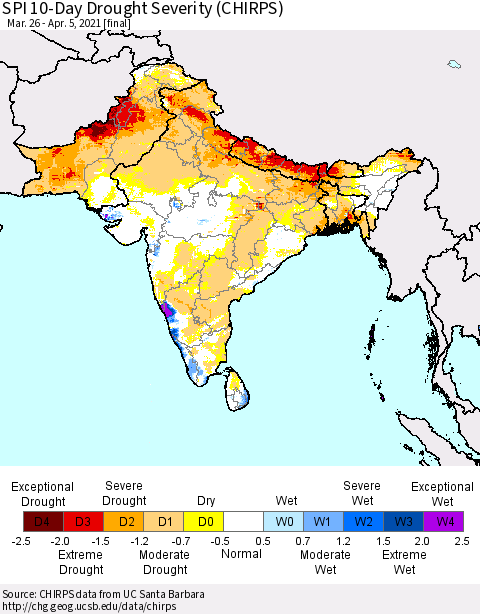 Southern Asia SPI 10-Day Drought Severity (CHIRPS) Thematic Map For 3/26/2021 - 4/5/2021