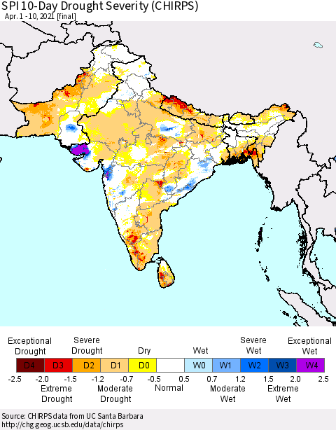 Southern Asia SPI 10-Day Drought Severity (CHIRPS) Thematic Map For 4/1/2021 - 4/10/2021