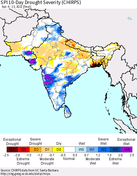Southern Asia SPI 10-Day Drought Severity (CHIRPS) Thematic Map For 4/6/2021 - 4/15/2021