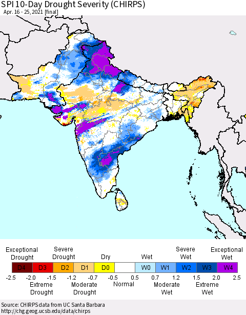 Southern Asia SPI 10-Day Drought Severity (CHIRPS) Thematic Map For 4/16/2021 - 4/25/2021