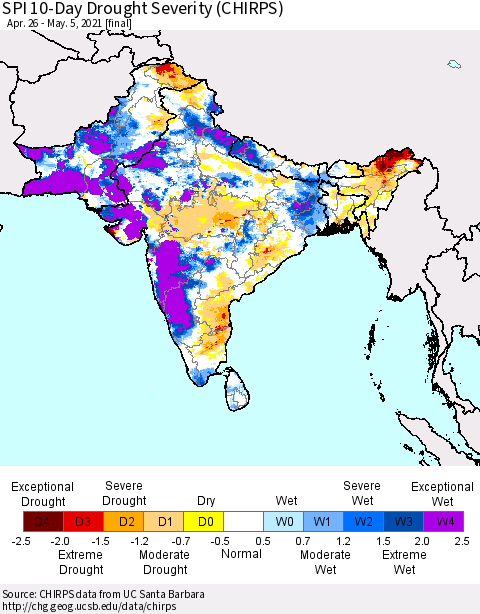 Southern Asia SPI 10-Day Drought Severity (CHIRPS) Thematic Map For 4/26/2021 - 5/5/2021