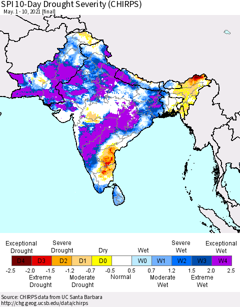 Southern Asia SPI 10-Day Drought Severity (CHIRPS) Thematic Map For 5/1/2021 - 5/10/2021