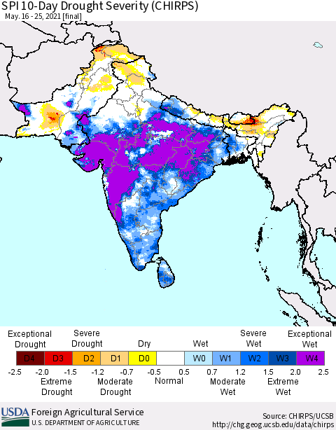 Southern Asia SPI 10-Day Drought Severity (CHIRPS) Thematic Map For 5/16/2021 - 5/25/2021