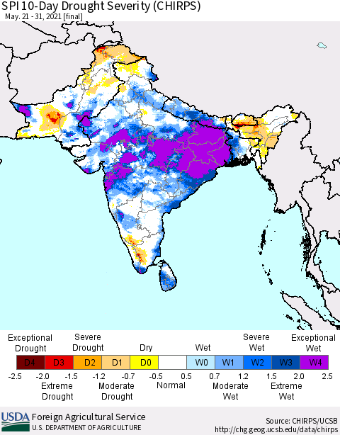Southern Asia SPI 10-Day Drought Severity (CHIRPS) Thematic Map For 5/21/2021 - 5/31/2021