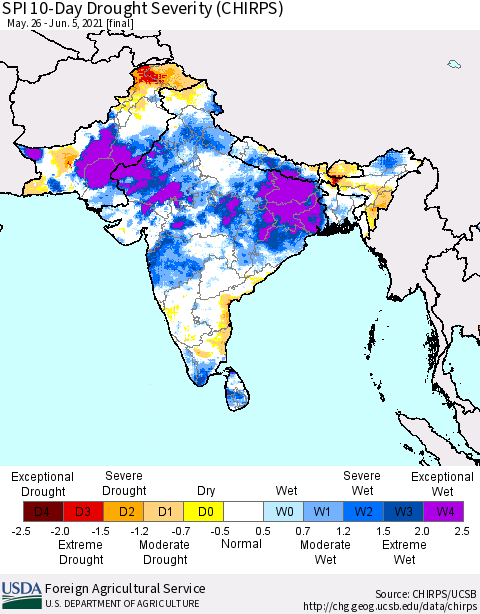 Southern Asia SPI 10-Day Drought Severity (CHIRPS) Thematic Map For 5/26/2021 - 6/5/2021