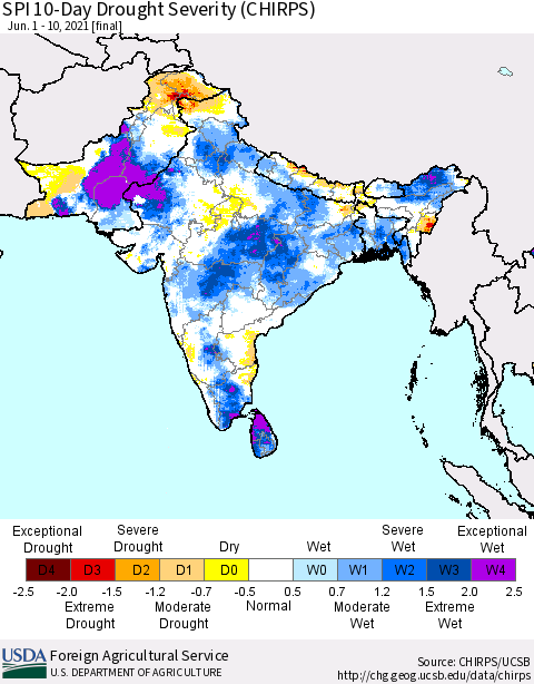 Southern Asia SPI 10-Day Drought Severity (CHIRPS) Thematic Map For 6/1/2021 - 6/10/2021