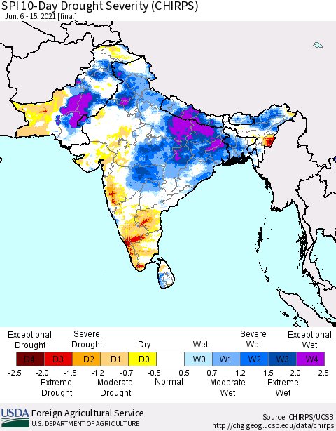 Southern Asia SPI 10-Day Drought Severity (CHIRPS) Thematic Map For 6/6/2021 - 6/15/2021