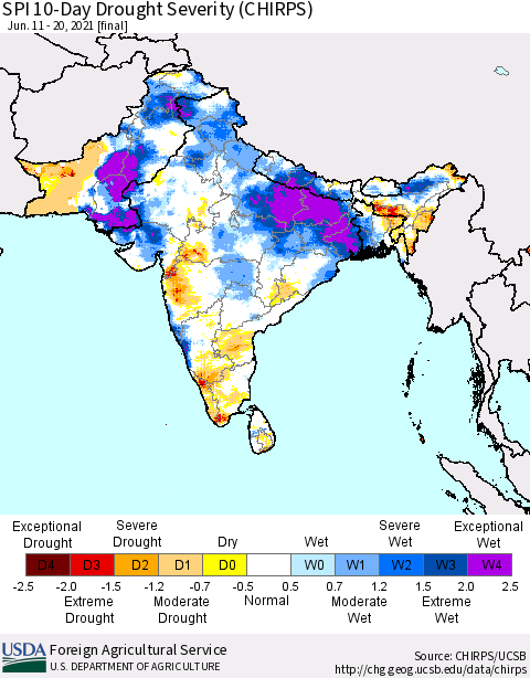 Southern Asia SPI 10-Day Drought Severity (CHIRPS) Thematic Map For 6/11/2021 - 6/20/2021