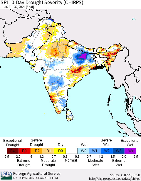 Southern Asia SPI 10-Day Drought Severity (CHIRPS) Thematic Map For 6/21/2021 - 6/30/2021