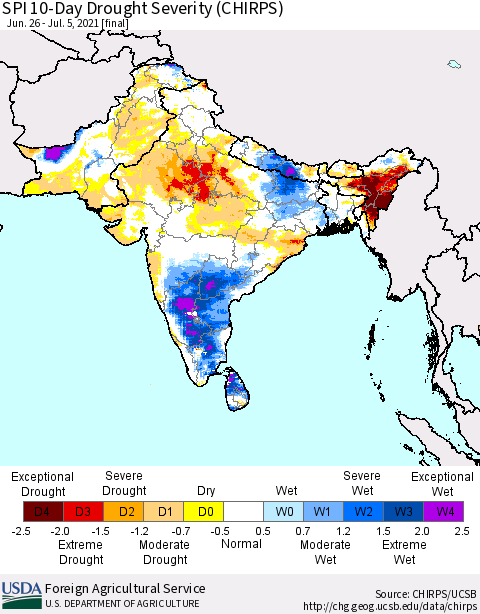 Southern Asia SPI 10-Day Drought Severity (CHIRPS) Thematic Map For 6/26/2021 - 7/5/2021