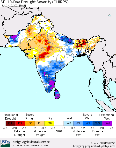 Southern Asia SPI 10-Day Drought Severity (CHIRPS) Thematic Map For 7/1/2021 - 7/10/2021
