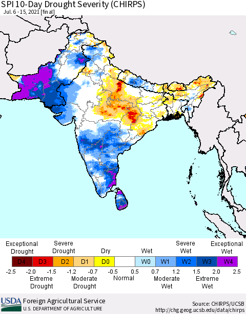 Southern Asia SPI 10-Day Drought Severity (CHIRPS) Thematic Map For 7/6/2021 - 7/15/2021