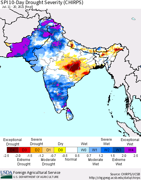 Southern Asia SPI 10-Day Drought Severity (CHIRPS) Thematic Map For 7/11/2021 - 7/20/2021