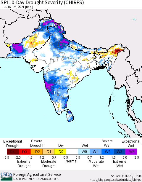 Southern Asia SPI 10-Day Drought Severity (CHIRPS) Thematic Map For 7/16/2021 - 7/25/2021