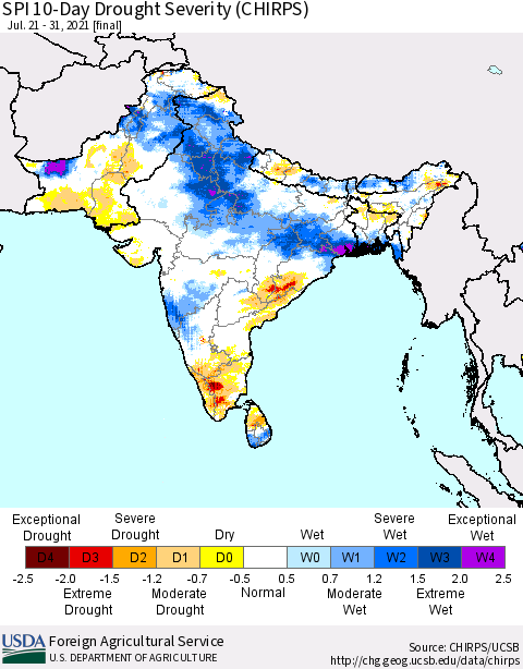 Southern Asia SPI 10-Day Drought Severity (CHIRPS) Thematic Map For 7/21/2021 - 7/31/2021
