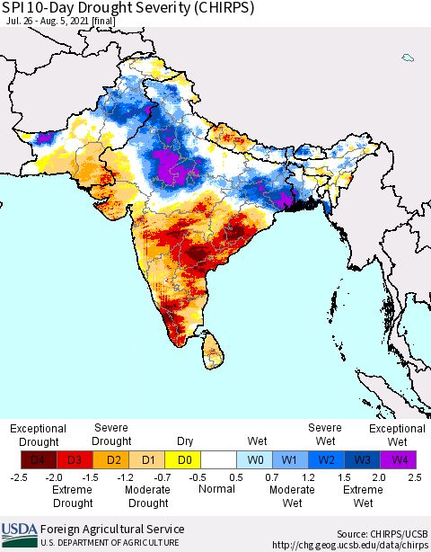 Southern Asia SPI 10-Day Drought Severity (CHIRPS) Thematic Map For 7/26/2021 - 8/5/2021