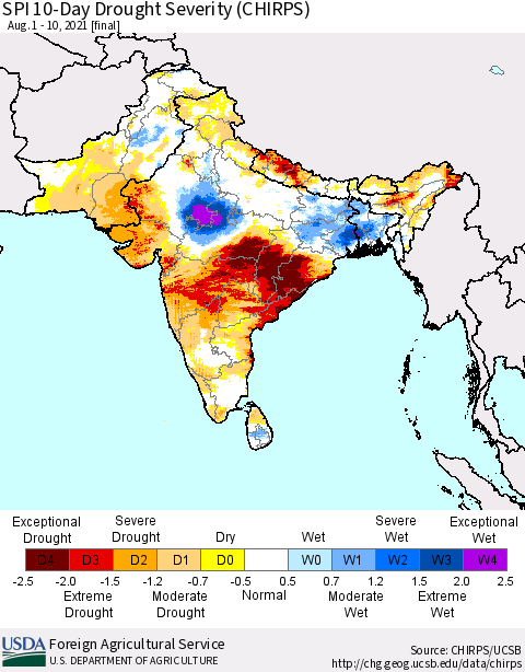 Southern Asia SPI 10-Day Drought Severity (CHIRPS) Thematic Map For 8/1/2021 - 8/10/2021