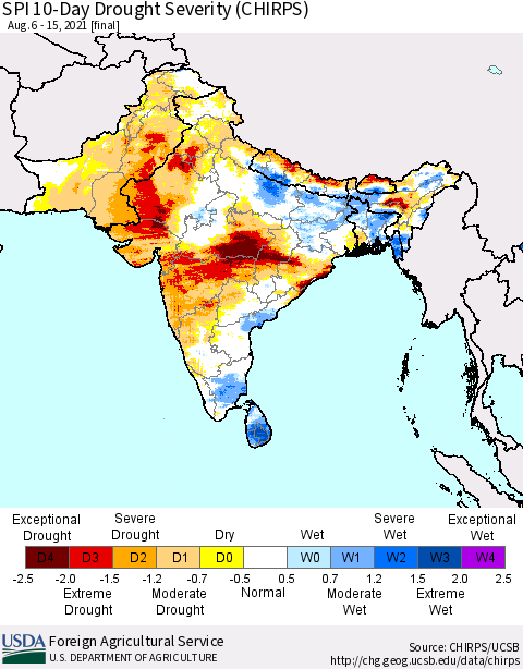Southern Asia SPI 10-Day Drought Severity (CHIRPS) Thematic Map For 8/6/2021 - 8/15/2021