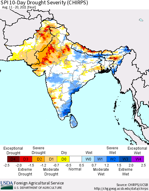Southern Asia SPI 10-Day Drought Severity (CHIRPS) Thematic Map For 8/11/2021 - 8/20/2021