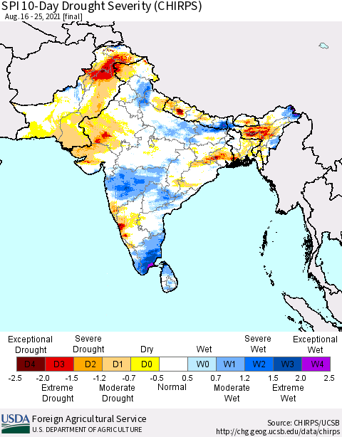 Southern Asia SPI 10-Day Drought Severity (CHIRPS) Thematic Map For 8/16/2021 - 8/25/2021