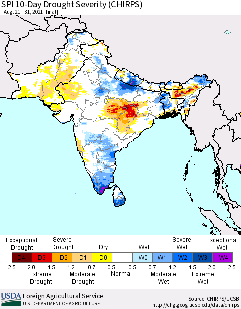 Southern Asia SPI 10-Day Drought Severity (CHIRPS) Thematic Map For 8/21/2021 - 8/31/2021
