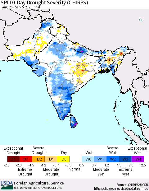 Southern Asia SPI 10-Day Drought Severity (CHIRPS) Thematic Map For 8/26/2021 - 9/5/2021