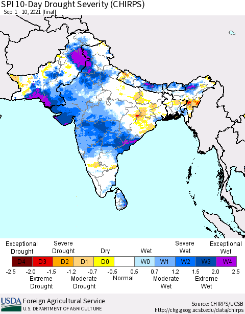 Southern Asia SPI 10-Day Drought Severity (CHIRPS) Thematic Map For 9/1/2021 - 9/10/2021