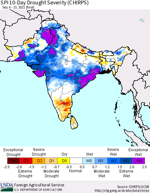 Southern Asia SPI 10-Day Drought Severity (CHIRPS) Thematic Map For 9/6/2021 - 9/15/2021