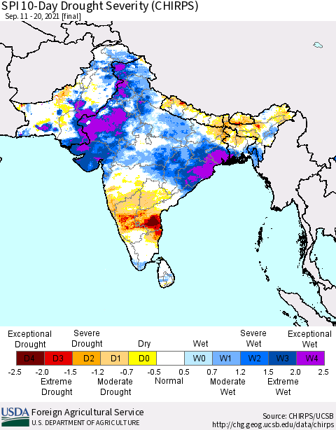 Southern Asia SPI 10-Day Drought Severity (CHIRPS) Thematic Map For 9/11/2021 - 9/20/2021