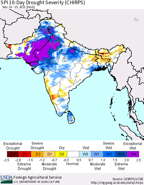Southern Asia SPI 10-Day Drought Severity (CHIRPS) Thematic Map For 9/16/2021 - 9/25/2021